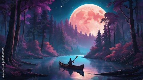 a surreal night scene in a dense forest where a large, glowing full moon shines a focused beam of light down onto a winding river