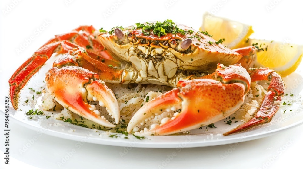 Close-up of a cooked crab with lemon and parsley garnish on a white plate. Close-up of a cooked crab with lemon and parsley garnish on a white plate.