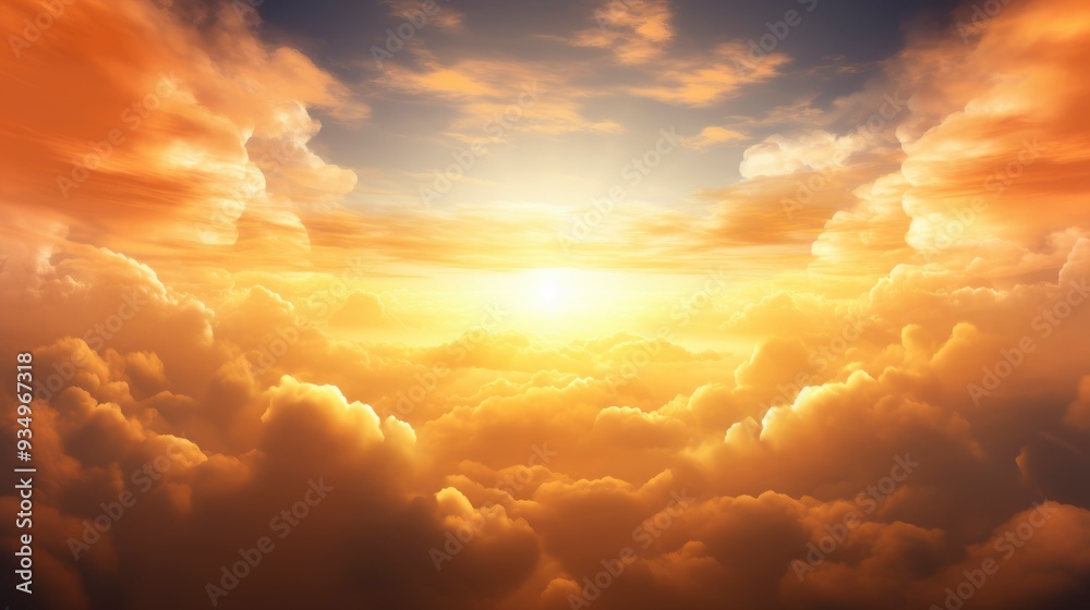 Fototapeta premium Sunset. Heaven, orange sky. Sun rays. Wallpaper. Clouds , ai