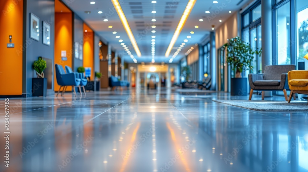 Modern hotel lobby interior with a spacious layout and elegant lighting during the day Modern hotel lobby interior with a spacious layout and elegant lighting during the day