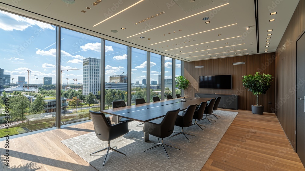 Fototapeta premium Modern conference room with large windows overlooking a cityscape during the day