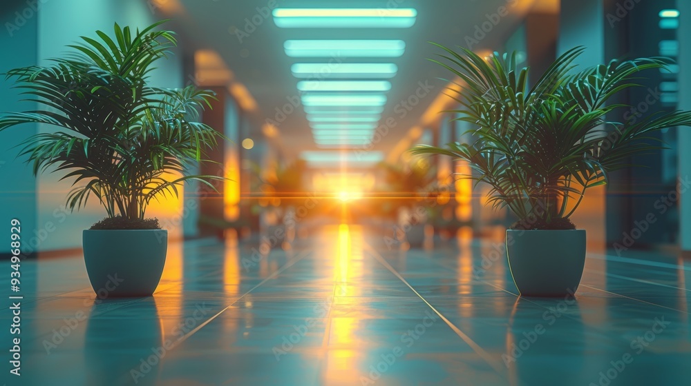 Fototapeta premium Bright sunset light illuminates a hallway lined with potted plants in a modern building