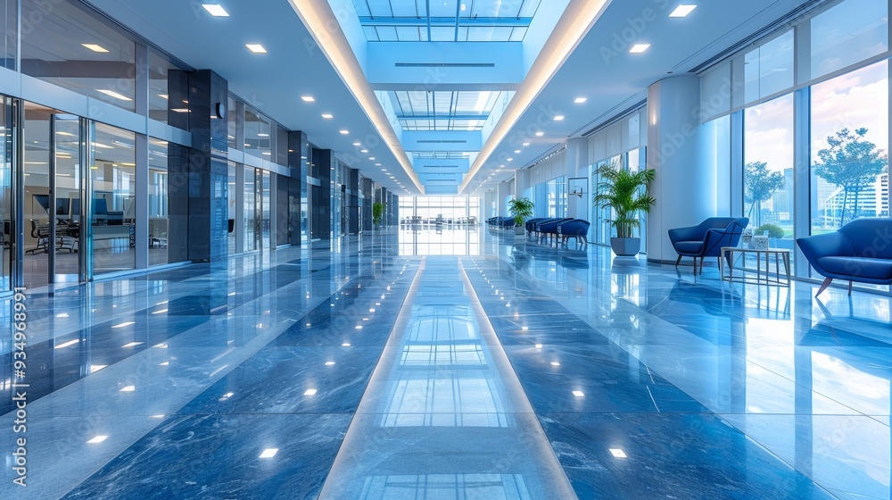 Modern office corridor with polished floors and natural light during the day Modern office corridor with polished floors and natural light during the day