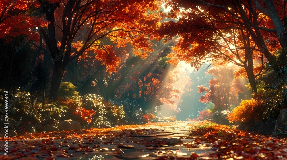 Sunbeams Through Autumn Leaves in a Forest Path Sunbeams Through Autumn Leaves in a Forest Path