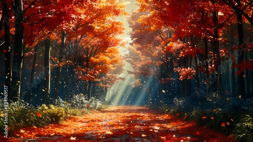 Sunbeams Illuminating a Path Through a Forest of Vibrant Autumn Leaves