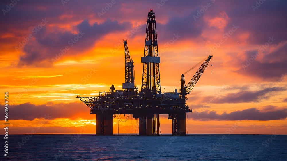 An expansive view of an offshore oil rig at sunset, with cranes and drilling equipment silhouetted against the sky, capturing the scale and complexity of the oil and gas industry An expansive view of an offshore oil rig at sunset, with cranes and drilling equipment silhouetted against the sky, capturing the scale and complexity of the oil and gas industry