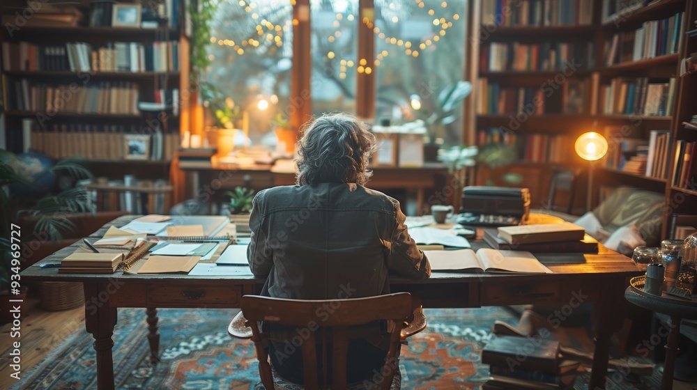 A person immersed in reading at a cozy, book-filled study during the evening A person immersed in reading at a cozy, book-filled study during the evening