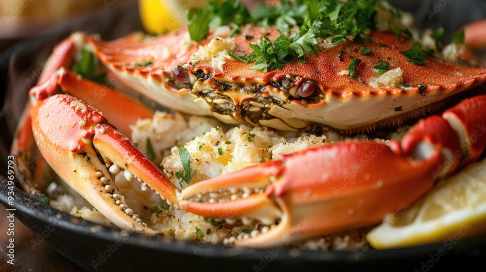 Close-up of a cooked crab with parsley and garlic in a black pan. Close-up of a cooked crab with parsley and garlic in a black pan.