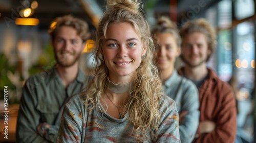 Group of friends smiling together in a modern café during the afternoon