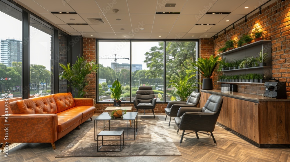 Fototapeta premium Modern lounge area with large windows and stylish furniture in a city setting