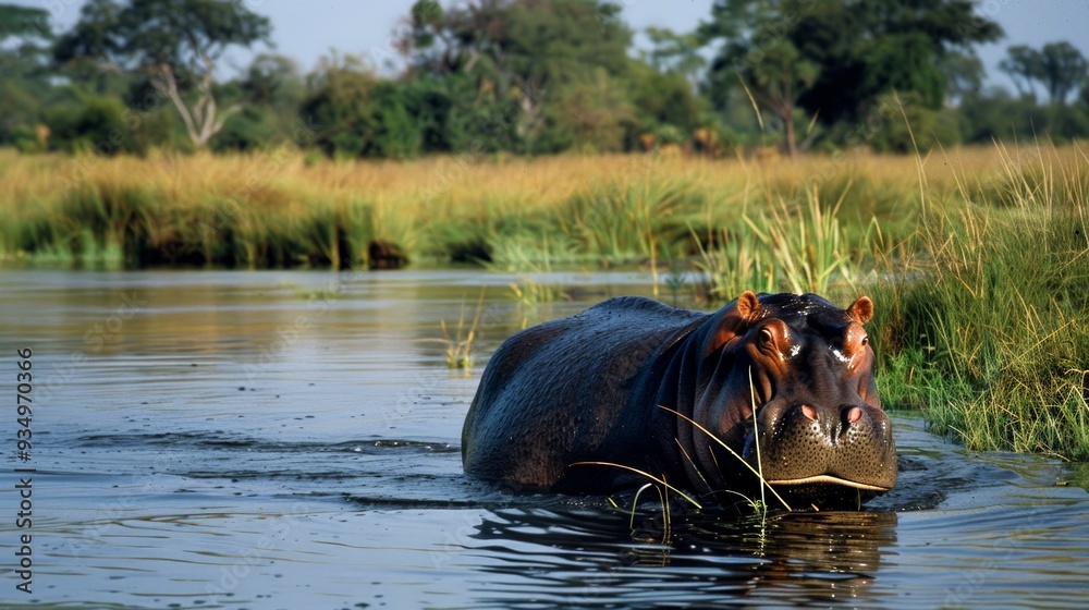 Hippopotamus Submerged in Water with Grass in Mouth Hippopotamus Submerged in Water with Grass in Mouth