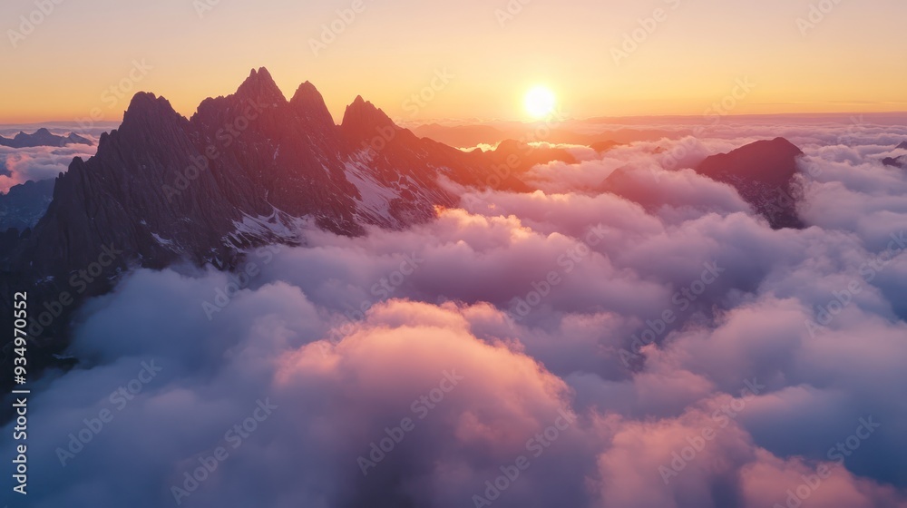 Fototapeta premium Mountain Peaks Emerging Through Sunset Clouds