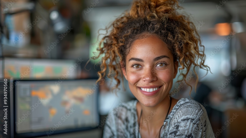 Smiling woman with curly hair working at a computer in a cozy office environment during the day Smiling woman with curly hair working at a computer in a cozy office environment during the day