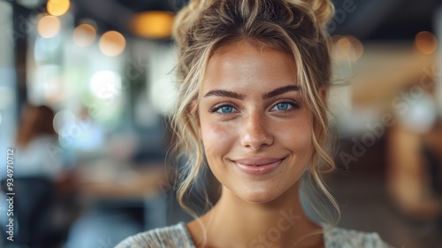 Young woman with blonde hair smiles warmly in a modern café during the day