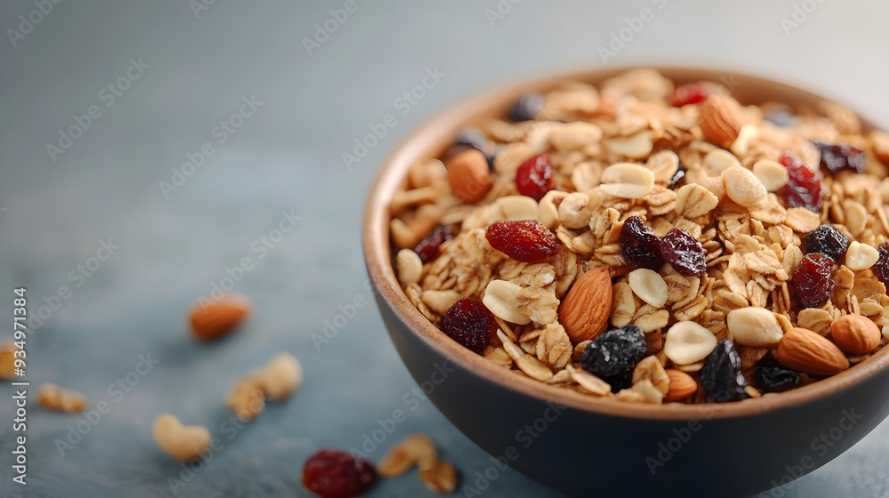 A bowl of granola with nuts and raisins A bowl of granola with nuts and raisins