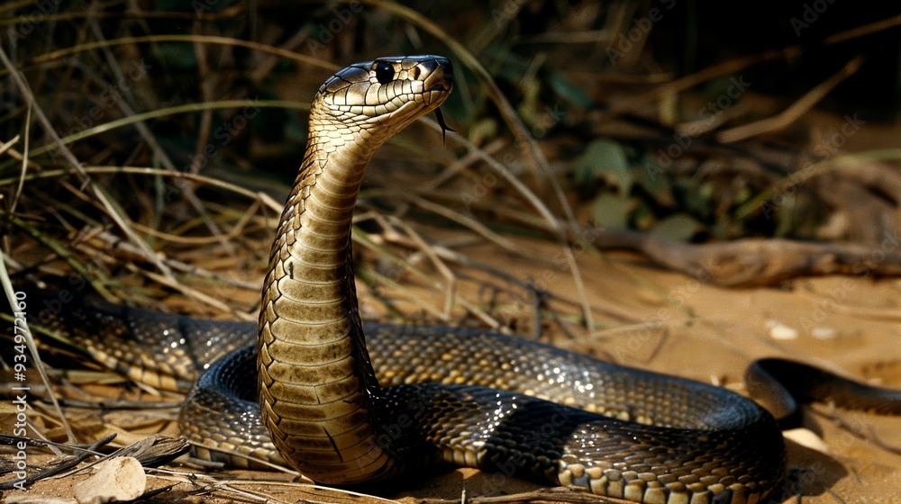 Fototapeta premium A Black Mamba Snake Coiled in the Grass