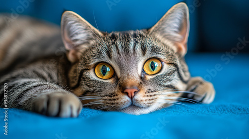 Gray Tabby Cat with Striking Orange Eyes Lying on Blue Background, Direct Eye Contact, Relaxed and Playful, Pet Portrait, Vivid Colors, Feline Curiosity, Cozy Indoor Cat, Domestic Animal Photography