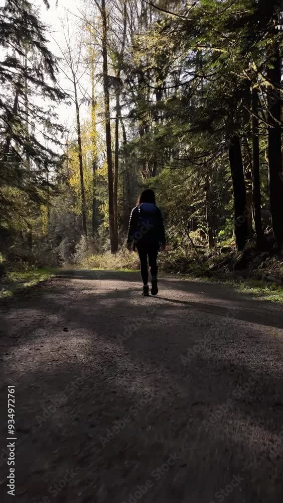 A woman with a backpack walks away from the camera down a wide path in a Pacific Northwest forest. The sun is shining through the trees. British Columbia, Canada. A woman with a backpack walks away from the camera down a wide path in a Pacific Northwest forest. The sun is shining through the trees. British Columbia, Canada.