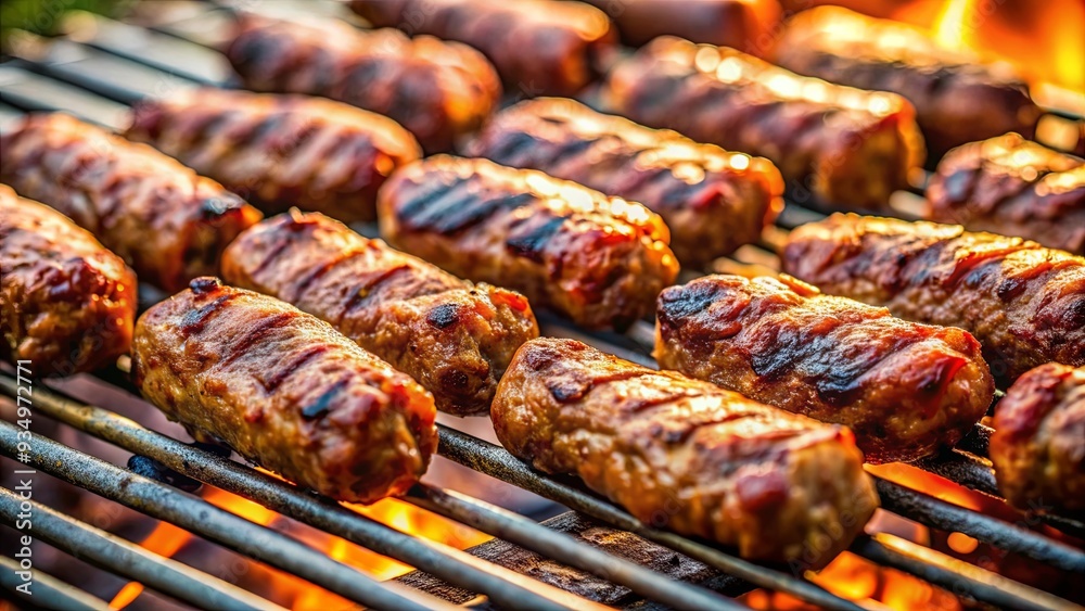 Close-up of Romanian traditional mici on a barbecue grill, Romanian, traditional, mici, mititei, grilled, ground meat, rolls Close-up of Romanian traditional mici on a barbecue grill, Romanian, traditional, mici, mititei, grilled, ground meat, rolls
