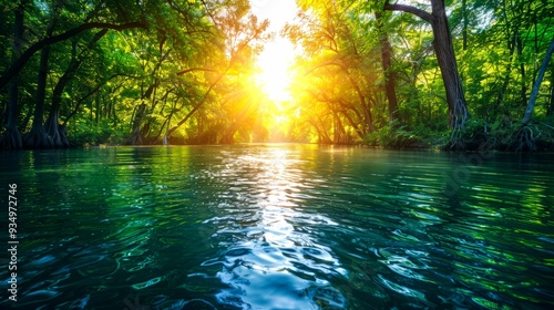 Sunlight Reflecting on Rippling Water in a Lush Forest