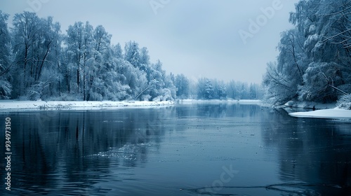 Snow-Covered Trees Reflecting in a Calm River