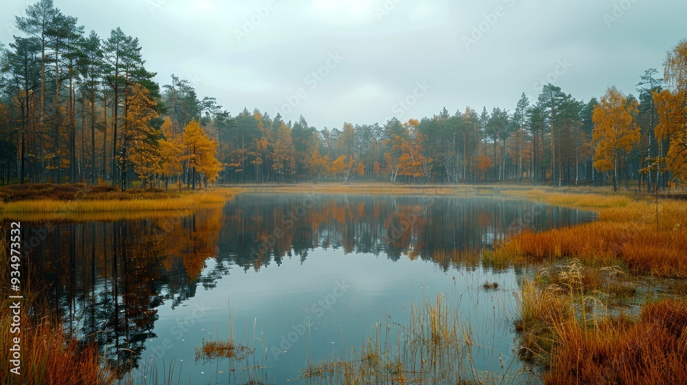 Fototapeta premium Serene Autumnal Lake Surrounded by Trees and Reflections