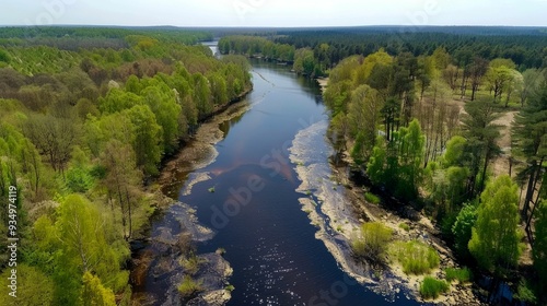 Aerial View of a Winding River Through Lush Green Forest