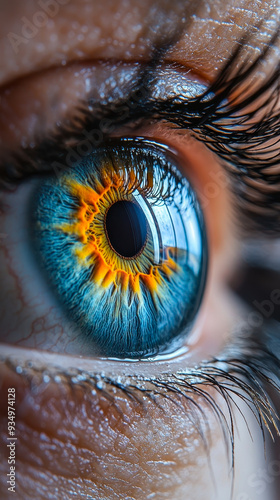 Macro Closeup of a Beautiful Blue Eye with Vibrant Orange and Yellow Iris Detailing Reflective Light Patterns and Eyelashes in Stunning Detail