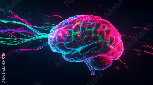 A brain with colorful strands coming out of it. The brain is surrounded by a dark background. The colors of the brain are bright and vibrant, giving the impression of a lively and active brain