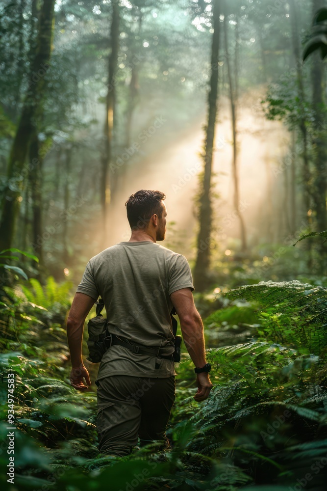Fototapeta premium Immersed in Nature: Man Exploring the Lush Forest Wilderness with Dappled Sunlight, generative Ai