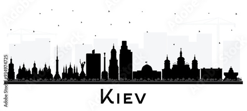 Kiev Ukraine city skyline silhouette with black buildings isolated on white. Kyiv cityscape with landmarks. Business travel and tourism concept with historic architecture.