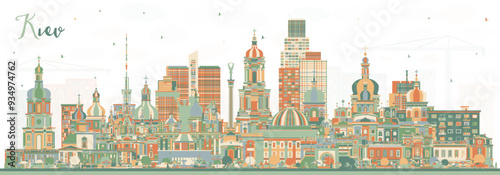 Kiev Ukraine city skyline with color buildings. Kyiv cityscape with landmarks. Business travel and tourism concept with historic architecture.