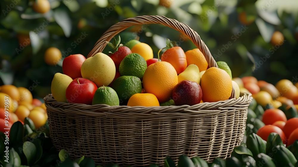 A basket of fruit with apples, oranges, and pears. The basket is on a green background A basket of fruit with apples, oranges, and pears. The basket is on a green background