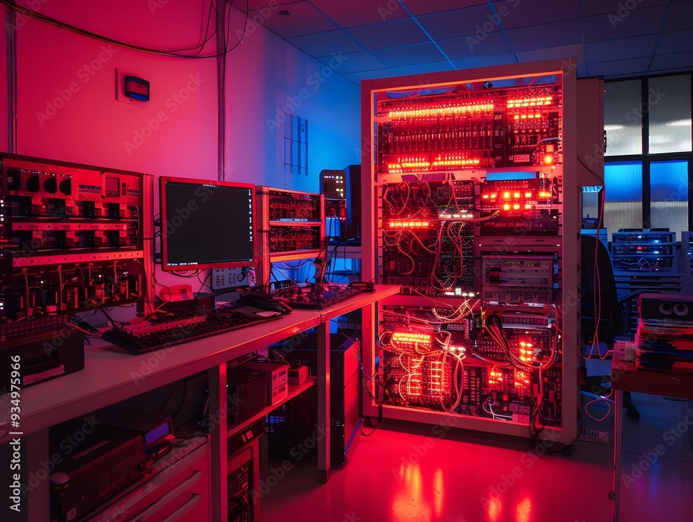 Server Room with Red and Blue Neon Lights. Server Room with Red and Blue Neon Lights.