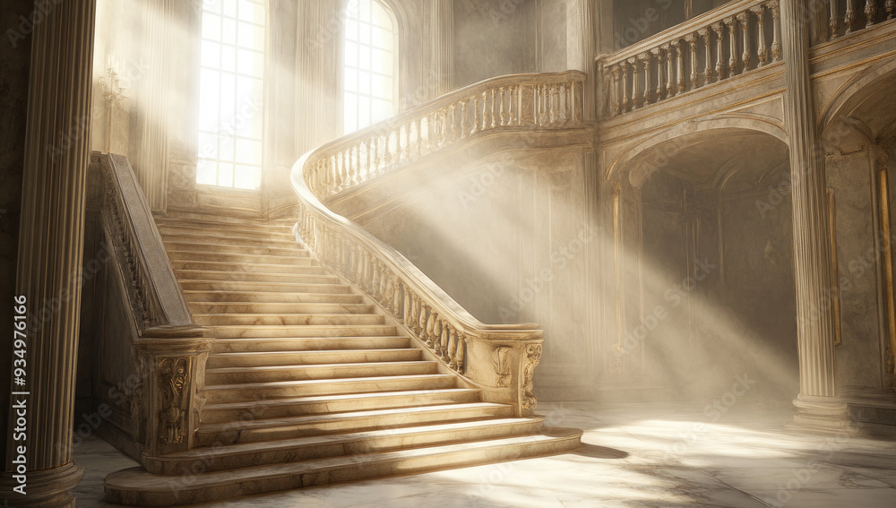 Obraz premium A grand staircase in an old palace, bathed in sunlight streaming through large windows, with marble steps and ornate railings. Created with Ai