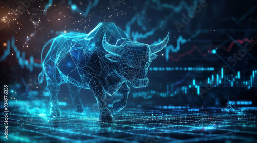 A bull is walking on a screen with a lot of numbers and lines. The bull is surrounded by a blue and white background