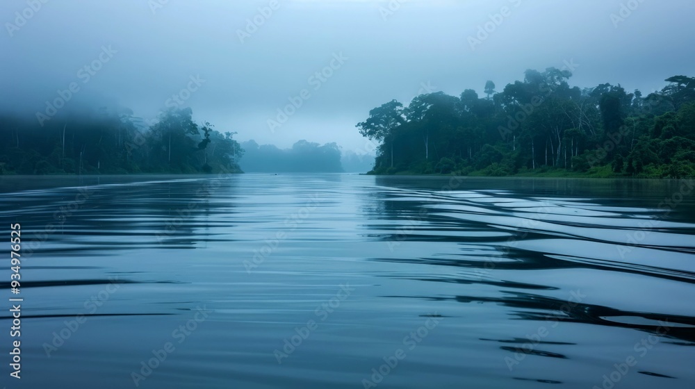 Rippling Water Surface Reflecting Misty Forest at Dawn Rippling Water Surface Reflecting Misty Forest at Dawn