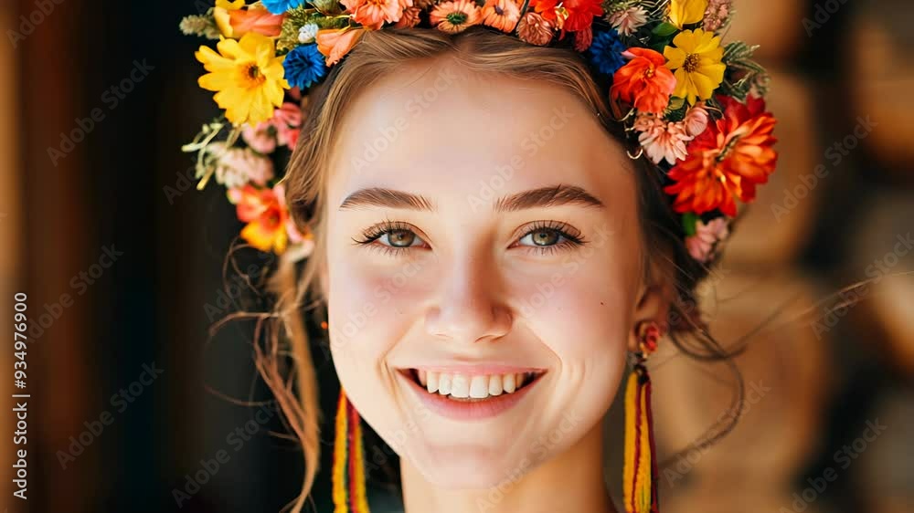 Smiling woman with floral crown against a wooden background. Concepts of natural beauty, tradition, and happiness. Smiling woman with floral crown against a wooden background. Concepts of natural beauty, tradition, and happiness.