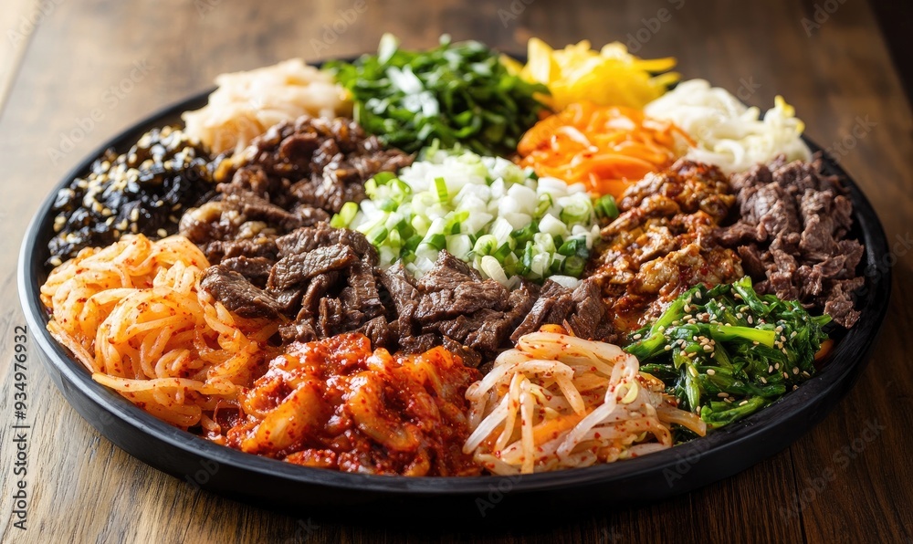 A platter of bibimbap with various ingredients including beef, kimchi, bean sprouts, and vegetables. A platter of bibimbap with various ingredients including beef, kimchi, bean sprouts, and vegetables.