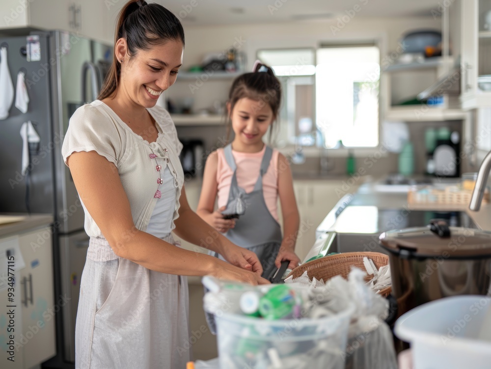 Obraz premium Sustainable Family: Recycling Together in Eco-Friendly Home with Solar Panels and Energy-Efficient Appliances - A Concept of Environmental Education and Conservation