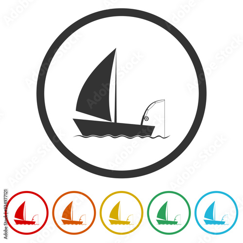 Boat and fishing rod icon. Set icons in color circle buttons