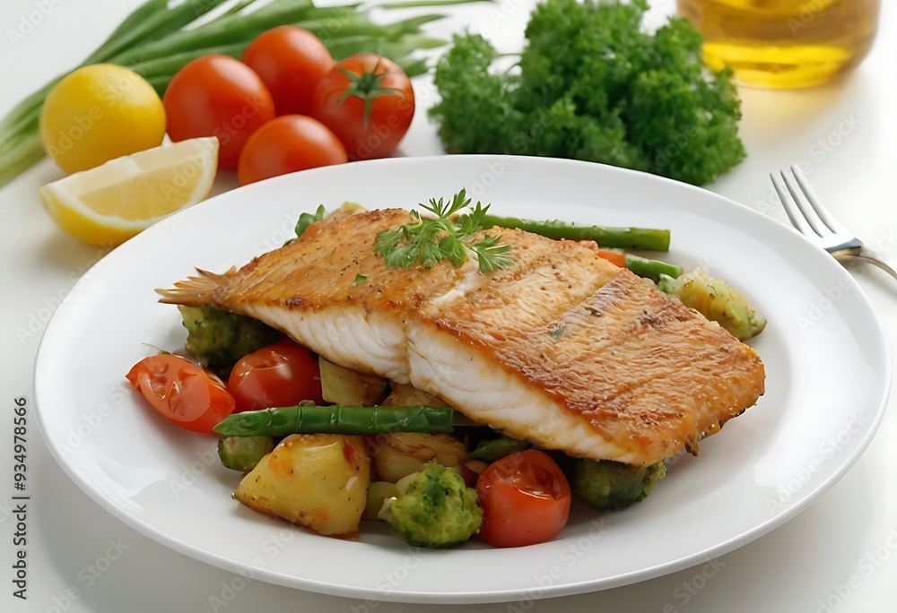 Delicious Fish dish with lemon and salad, Baked or fried salmon or tuna, seafood Healthy concept Delicious Fish dish with lemon and salad, Baked or fried salmon or tuna, seafood Healthy concept
