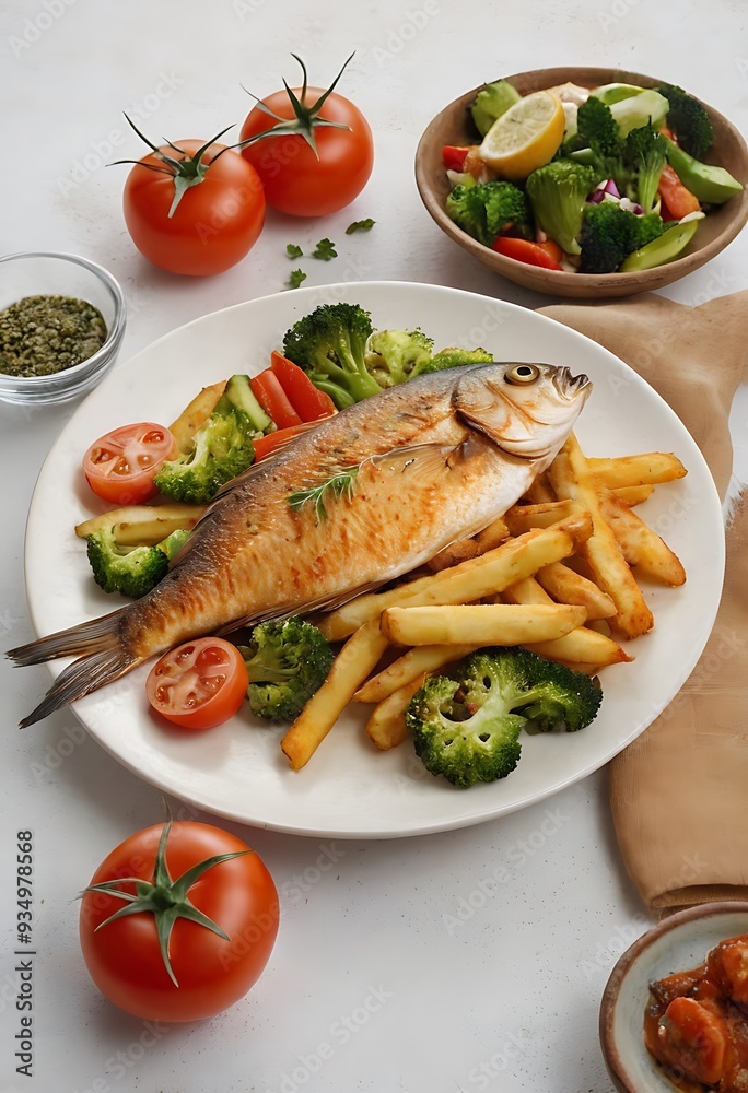 Delicious Fish dish with lemon and salad, Baked or fried salmon or tuna, seafood Healthy concept Delicious Fish dish with lemon and salad, Baked or fried salmon or tuna, seafood Healthy concept