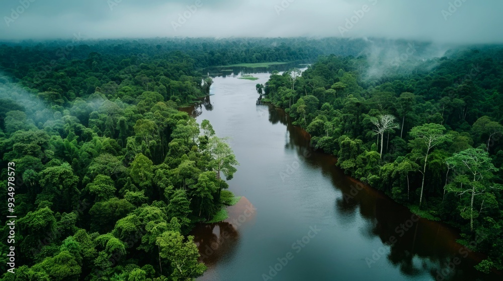 Fototapeta premium Aerial View of a Serpentine River Winding Through Lush Rainforest