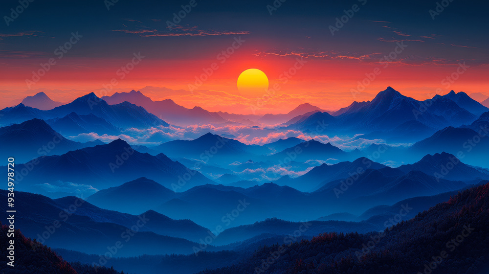 Fototapeta premium Mesmerizing Sunrise Over Blue Mountains: Serene Morning Horizon, Nature's Tranquility, Smartphone Background