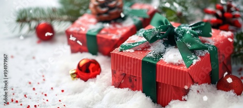 red christmas gifts with green ribbon and ornaments on snow