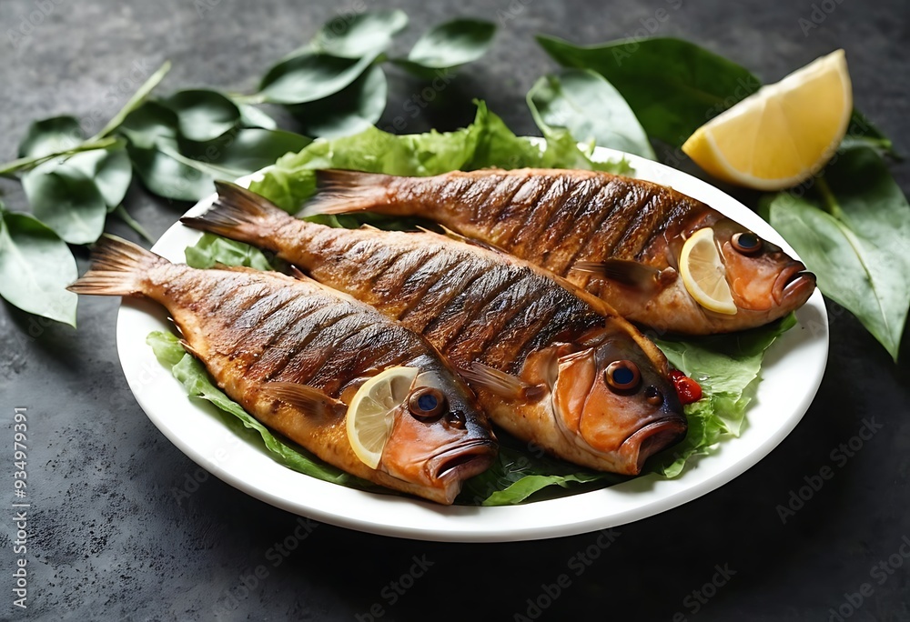 Delicious Fish dish with lemon and salad, Baked or fried salmon or tuna, seafood Healthy concept Delicious Fish dish with lemon and salad, Baked or fried salmon or tuna, seafood Healthy concept