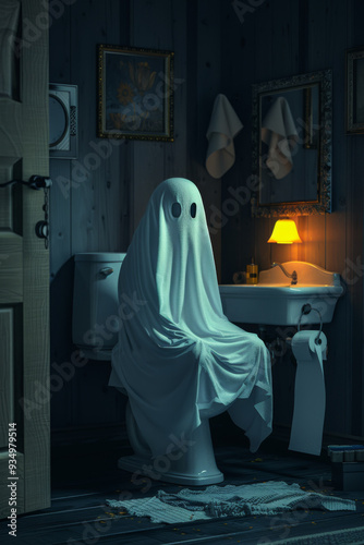 A ghost is sitting on a toilet in a bathroom. The bathroom is dark and the ghost is wearing a white sheet