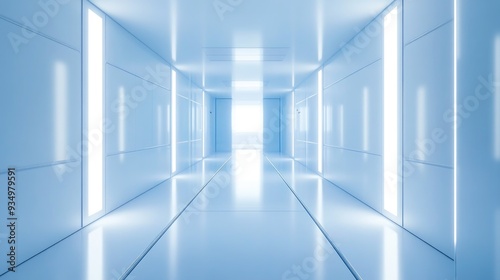 A sterile, bright, blue and white corridor with bright, white lights and a gleaming floor leading to an open doorway.