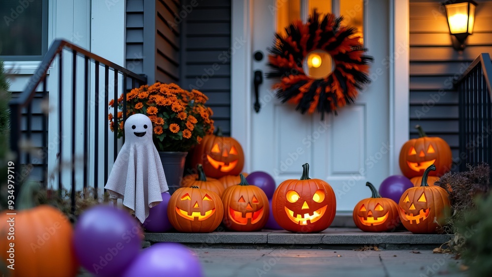 Obraz premium Close-up Halloween setting house entrance with jack-o-lanterns, wreaths, orange and black, purple balloons and ghost doll decorations.